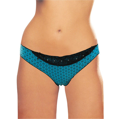 Cherry Wear Pattern Print Thong with Lace Trim, Diamonds & Side Bows - Teal - O/S