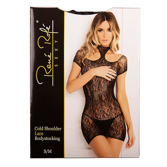 Rene Rofe Cold Shoulder Lace Bodystocking – Black – Size S/M