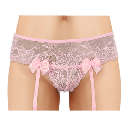 Cherry Wear Lace Garter Belt with Bows - Pink - O/S