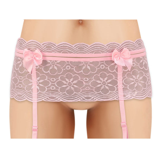 Cherry Wear Lace Garter Belt with Bows - Pink - O/S