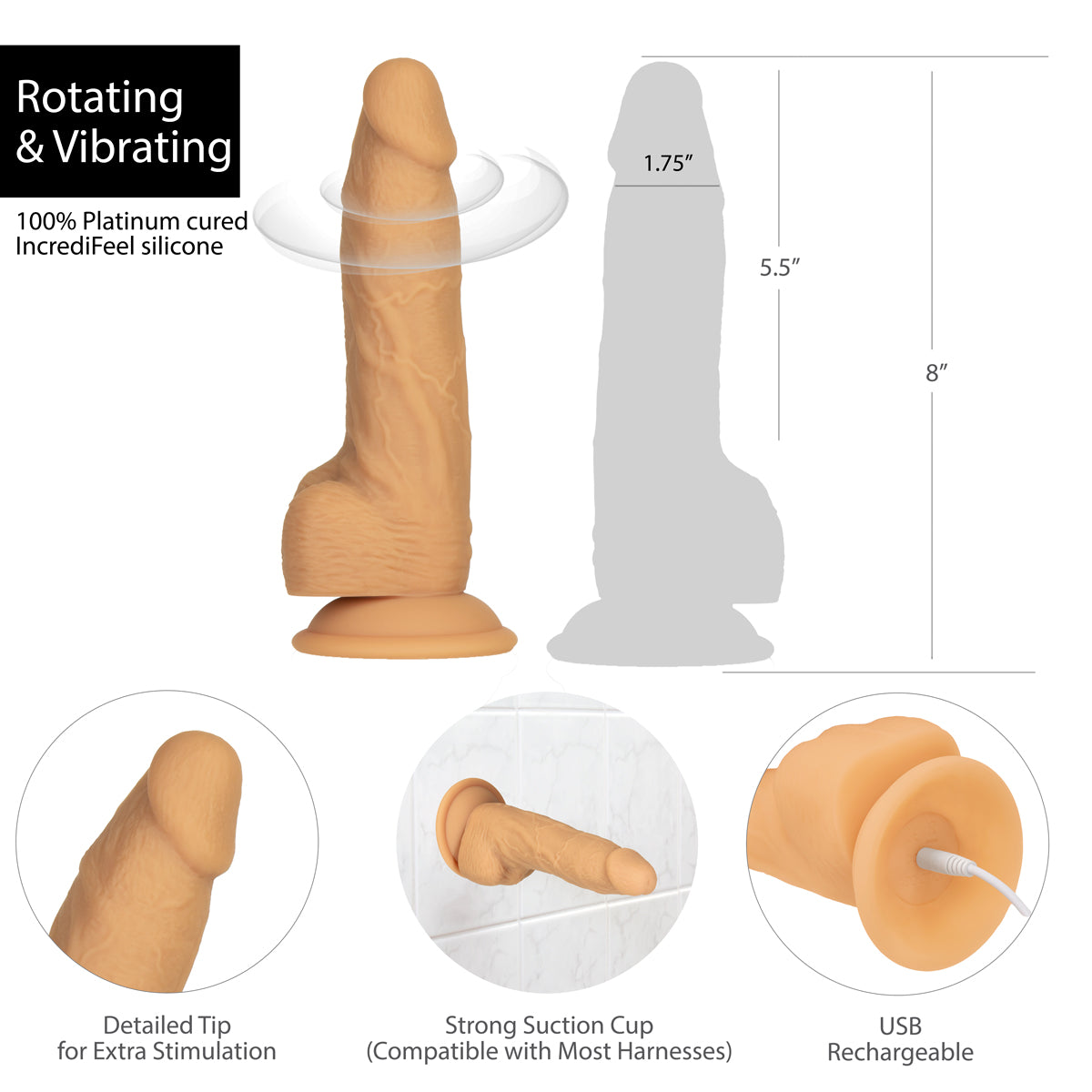 Naked Addiction 8" Rotating & Vibrating Dildo with Remote – Caramel - 88122