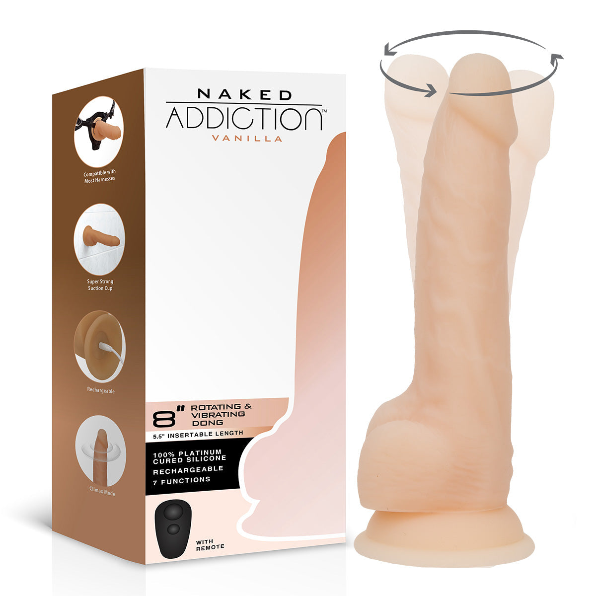 Naked Addiction 8" Rotating & Vibrating Dildo with Remote – Vanilla - 88125