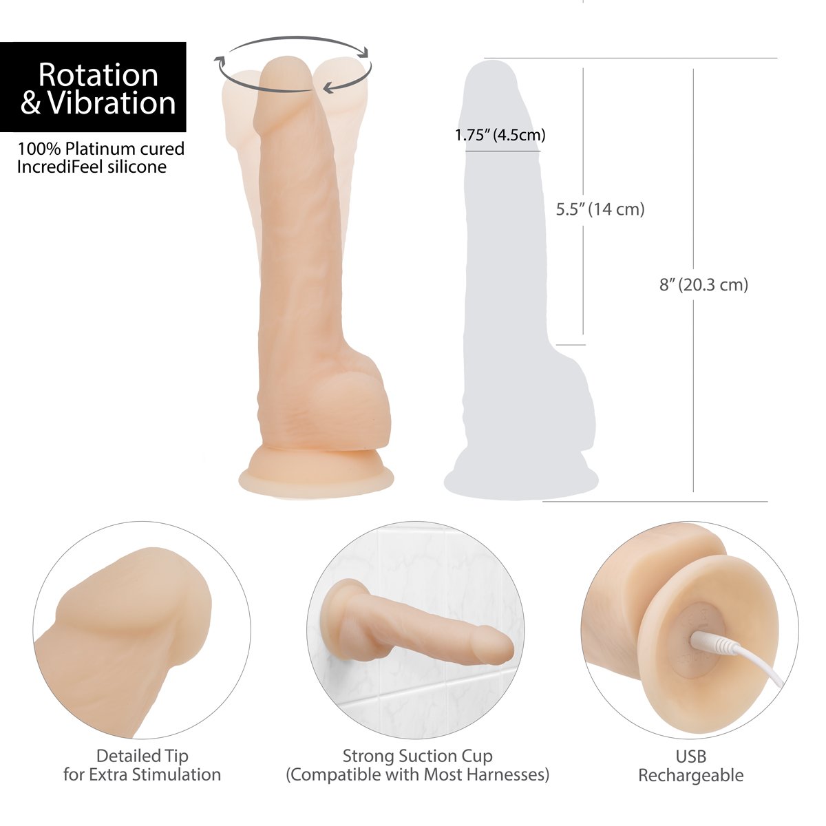 Naked Addiction 8" Rotating & Vibrating Dildo with Remote – Vanilla - 88125