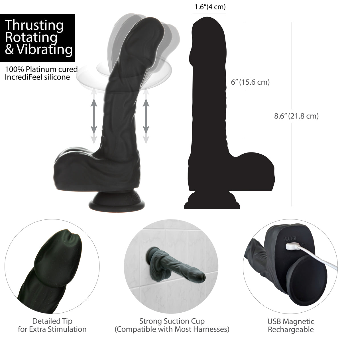 Naked Addiction – 8.6” Silicone Rotating & Thrusting Vibrating Dildo with Remote - Noir - 88711