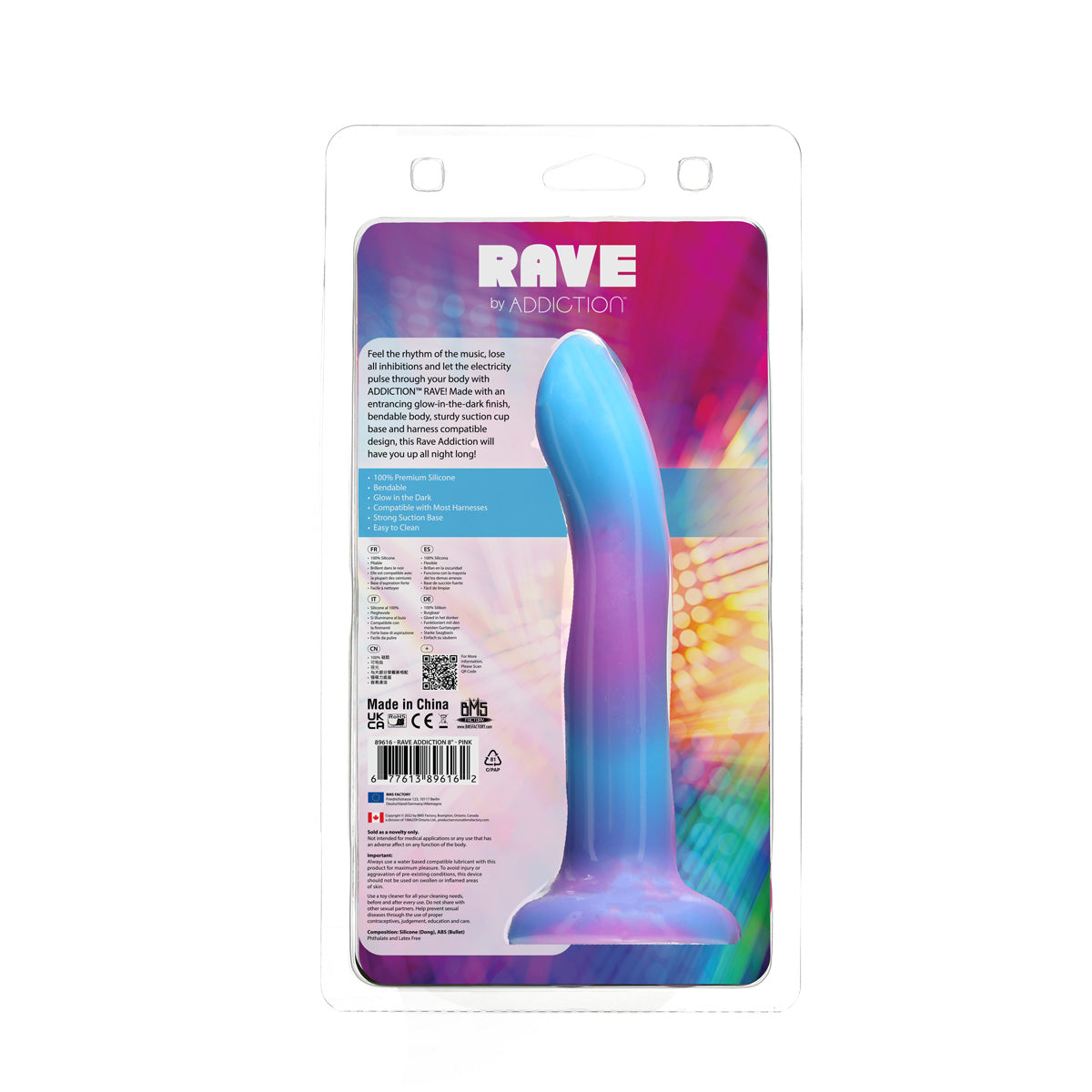 Rave by Addiction - 8" Glow in the Dark Dildo -  Blue Purple