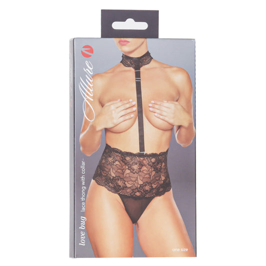 Allure Love Bug Lace Thong with Collar – Black – One Size Fits Most