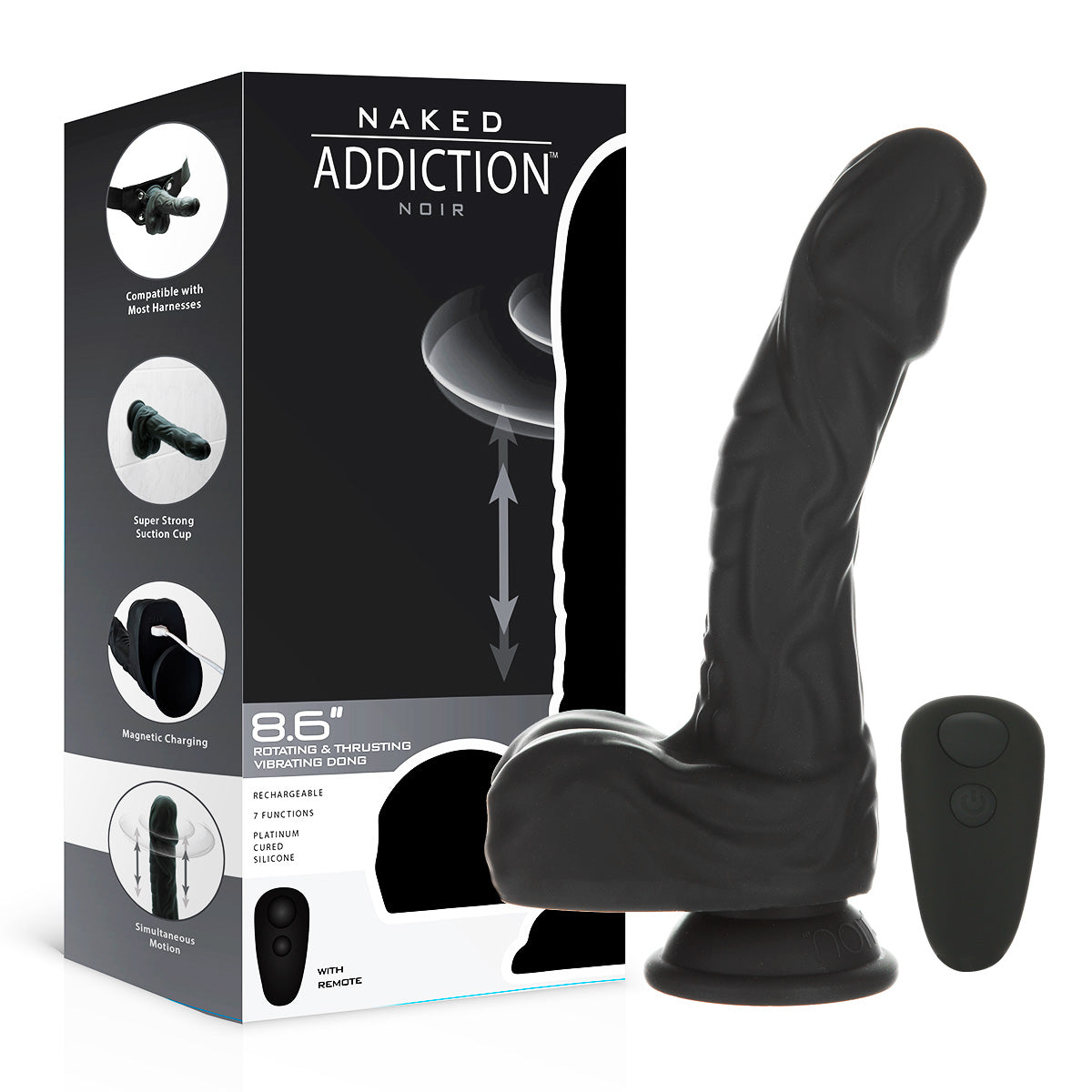 Naked Addiction – 8.6” Silicone Rotating & Thrusting Vibrating Dildo with Remote - Noir - 88711