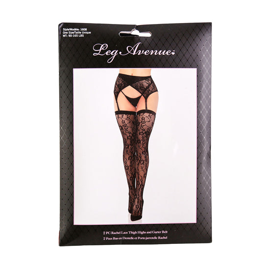 Leg Avenue 2 Piece Rachel Lace Thigh Highs & Crossover Garter Belt – One Size Fits Most