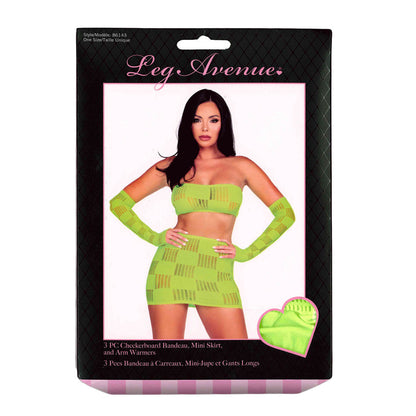 Leg Avenue™ - 3 Pc Checkerboard Bandeau, Mini Skirt, & Arm Warmers – Neon Green – OS