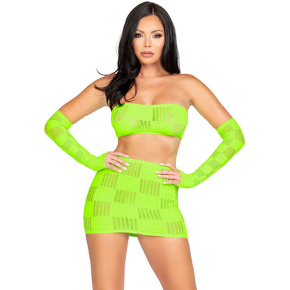 Leg Avenue™ - 3 Pc Checkerboard Bandeau, Mini Skirt, & Arm Warmers – Neon Green – OS