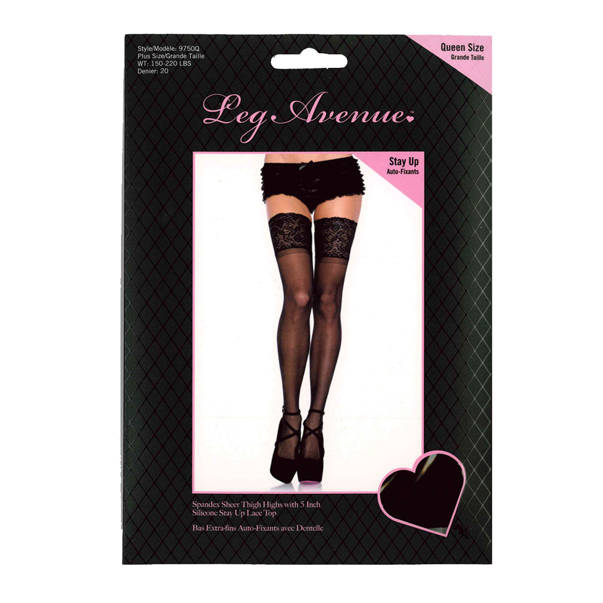 Leg Avenue™ - Spandex Sheer Thigh Highs With 5” Silicone Stay Up Lace Top – Black - Queen Size