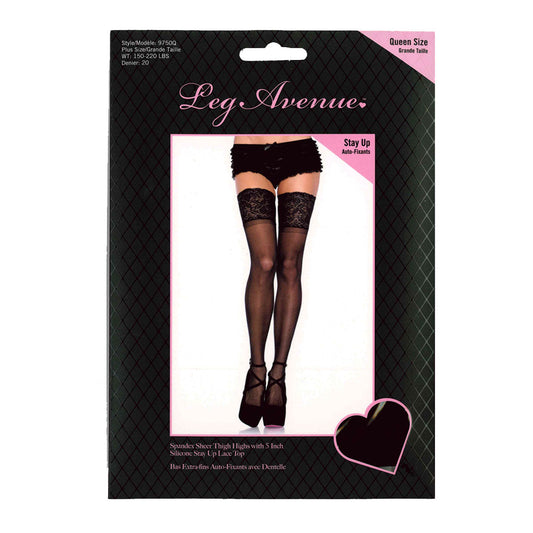Leg Avenue™ - Spandex Sheer Thigh Highs With 5” Silicone Stay Up Lace Top – Black - Queen Size