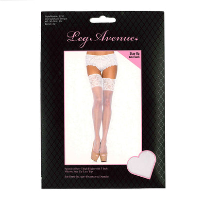 Leg Avenue™ - Spandex Sheer Thigh Highs With 5” Silicone Stay Up Lace Top – White - OS