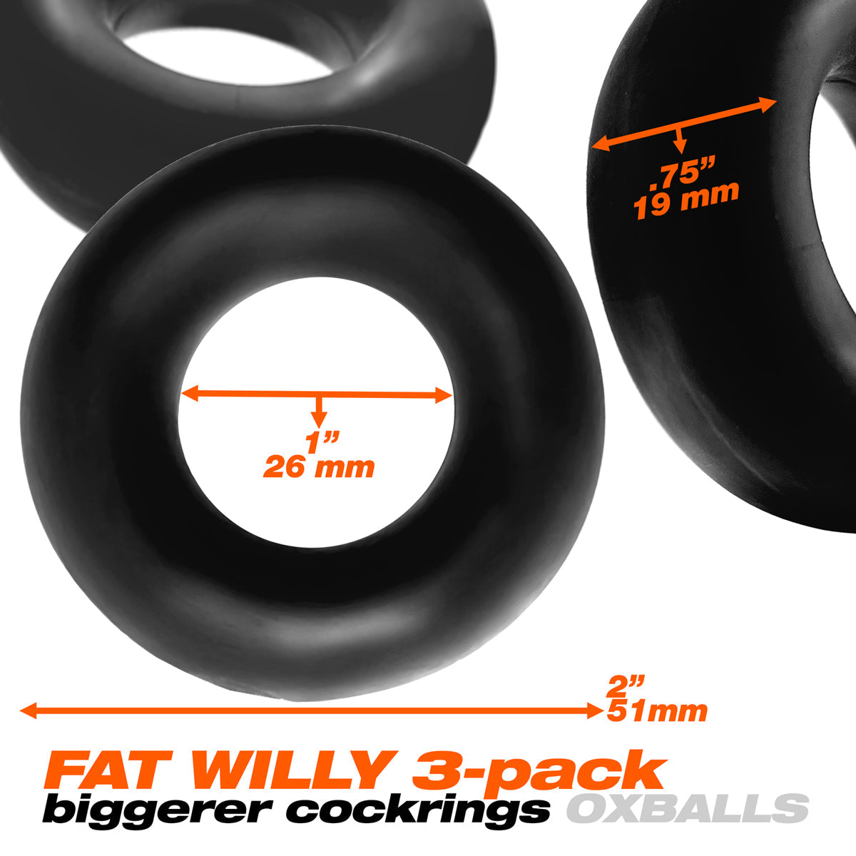 Oxballs Fat Willy 3-Pack Jumbo Cockrings – Black