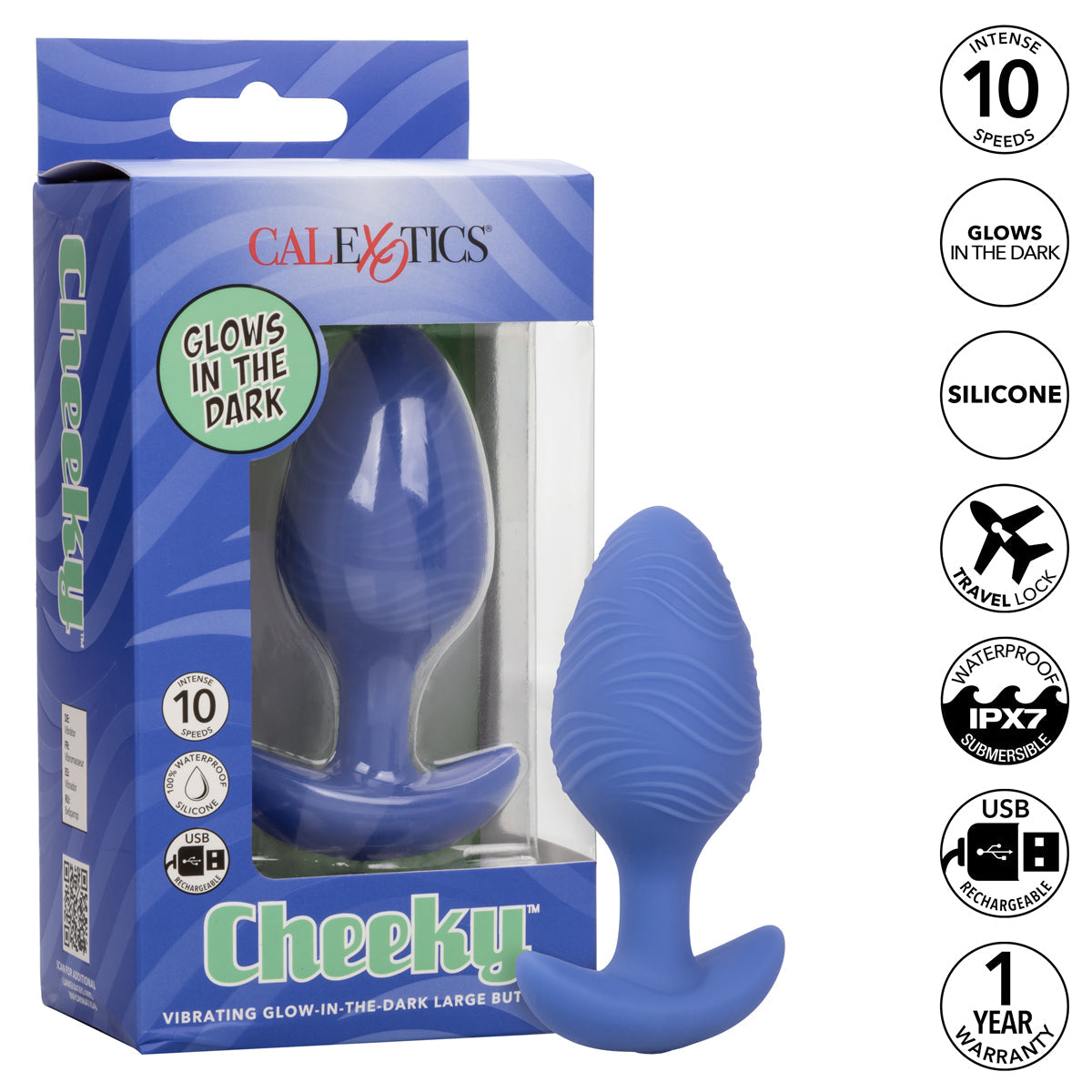CalExotics® Cheeky Vibrating Glow in The Dark Large Butt Plug - Blue