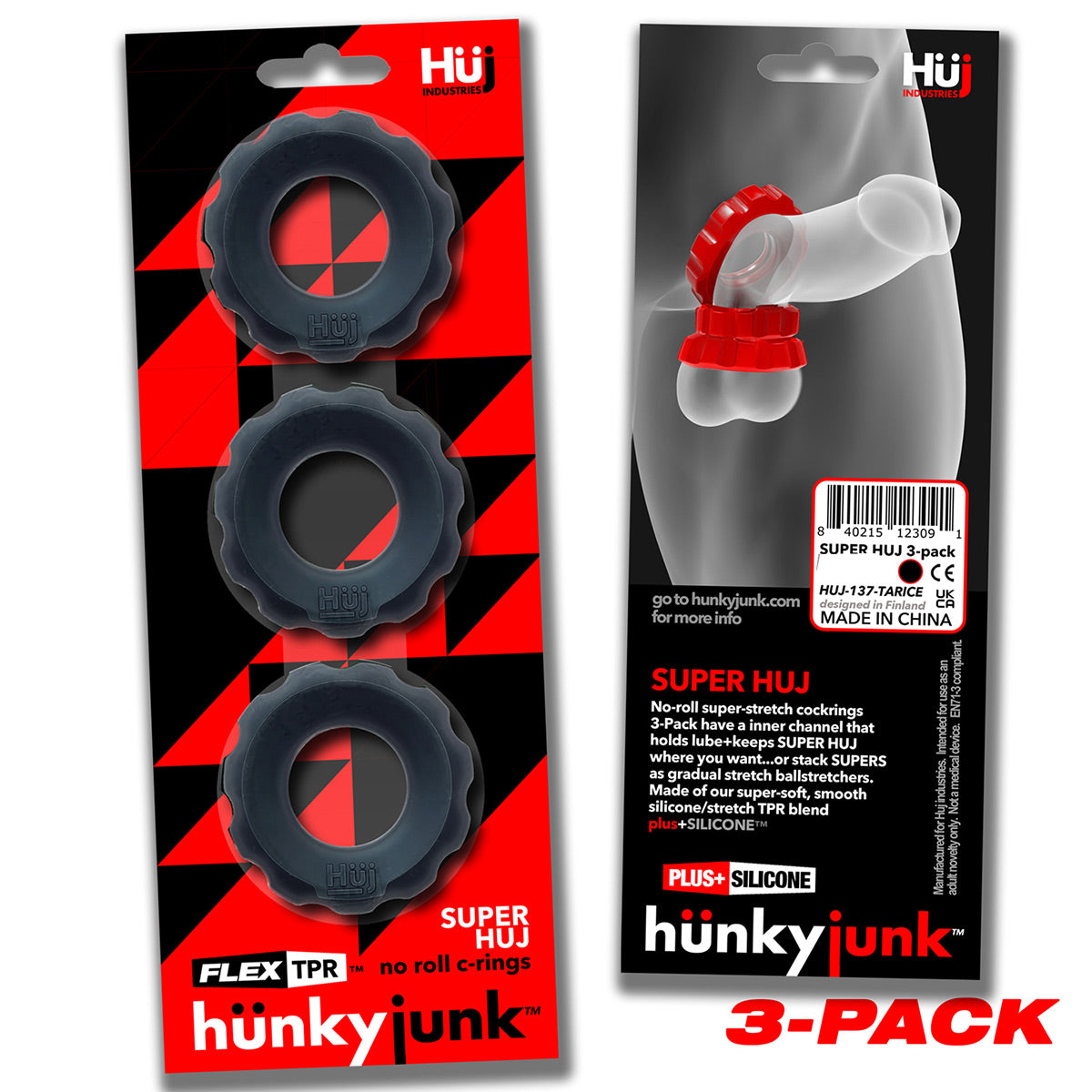 Oxballs - Hünkyjunk™ - Super Huj No Roll C-Rings – 3 pk – Black