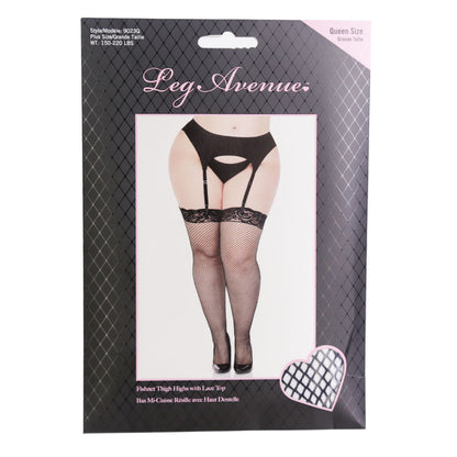 Leg Avenue Fishnet Thigh Highs with Lace Top - Black - Plus Size