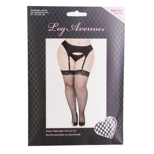 Leg Avenue Fishnet Thigh Highs with Lace Top - Black - Plus Size