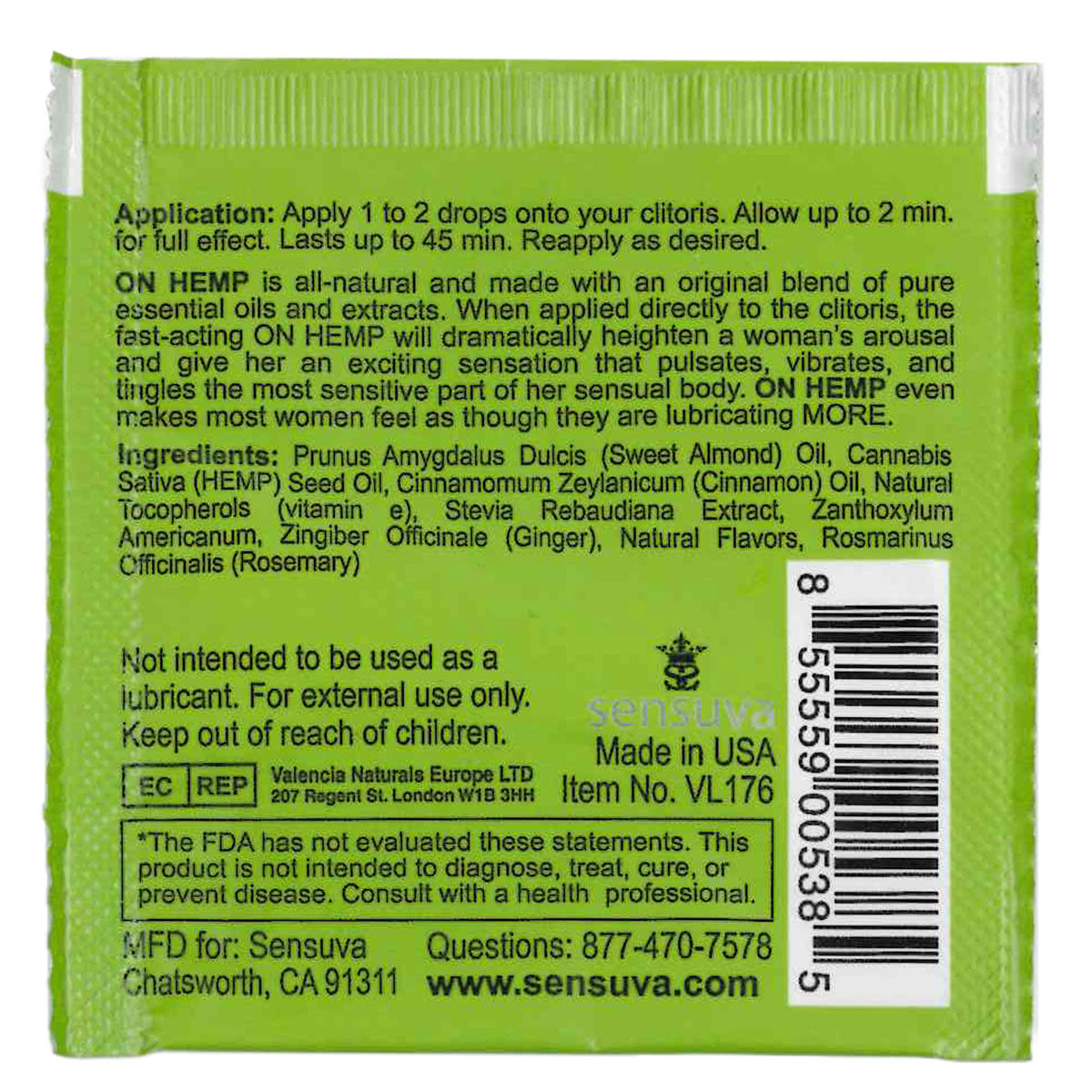 Sensuva – ON - Hemp Female Arousal Oil – Foil 0.5ml/0.002 fl oz.