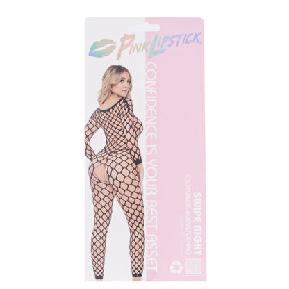 Pink Lipstick Swipe Right Crotchless Bodystocking - Black