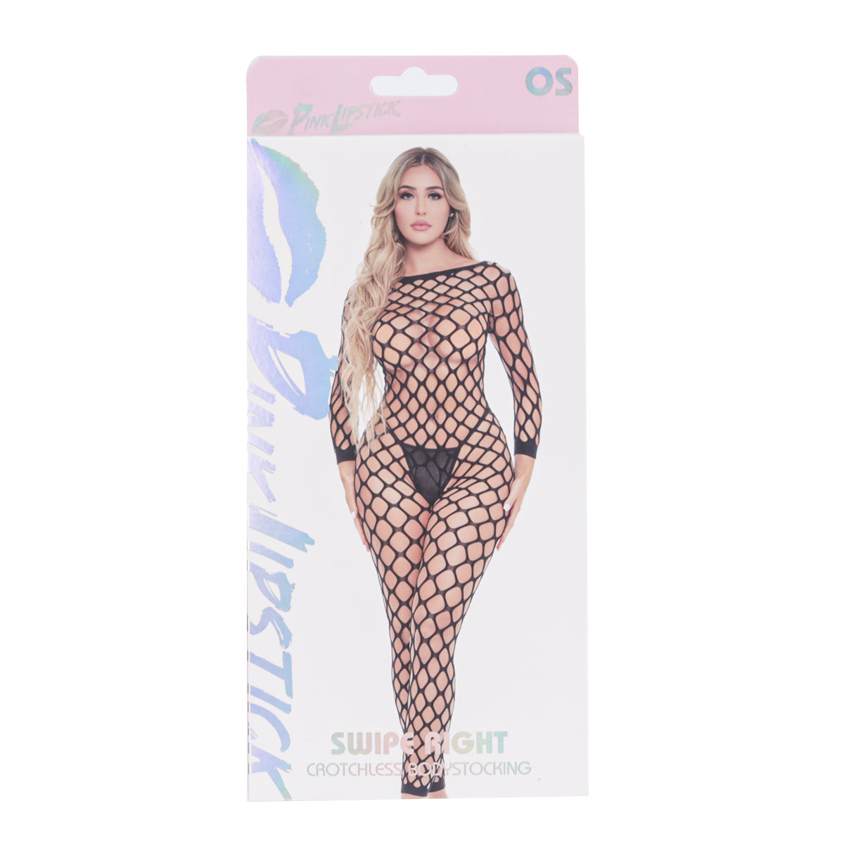Pink Lipstick Swipe Right Crotchless Bodystocking - Black