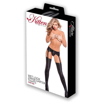 Kitten By Allure - Wetlook Zipper Garter Tights - Black - O/S