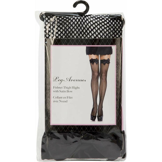 Leg Avenue Fishnet Thigh Highs with Satin Bow - Black - One Size